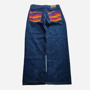 y2k Risk Jeans blue loose denim jeans with rainbow embroidered back pockets